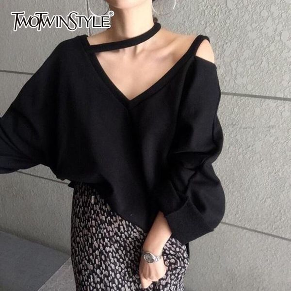 

twotwinstyle off shoulder womens sweatshirt loose v neck batwing long sleeve striped pullover casual style clothing 2019 autumn y200107, Black