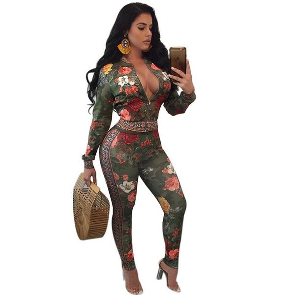 

autumn winter two piece sets tracksuit for women long sleeve flower print zipper jackets and pants sweat outfit suits female s-xl, Gray