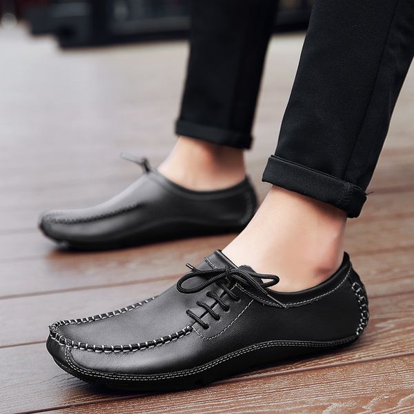 

men shoes handmade sewing casual shoes outdoor sneakers genuine leather men lace up flats mocasines hombre drop shipping 3, Black