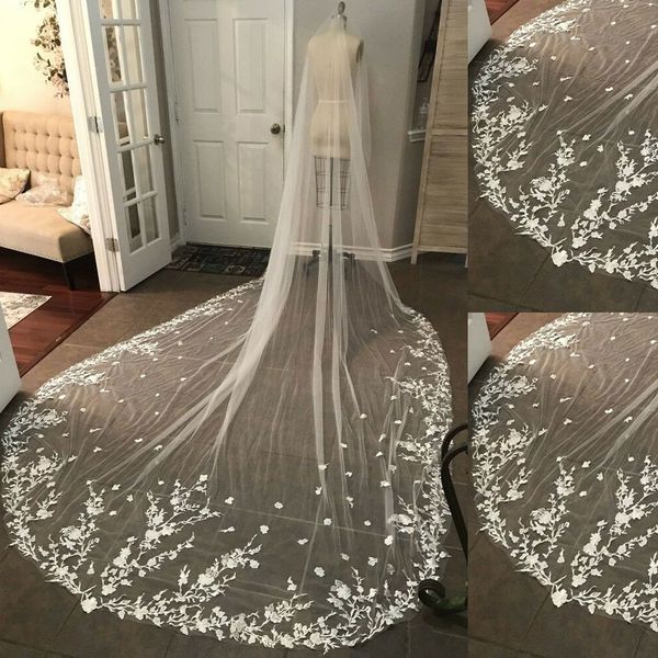 Velo da sposa Appliques stile foglia Pizzo con pettine Nuziale per ragazze Sposa Cattedrale Lussuoso Cappella lunga Lunghezza 300 cm Nuovo