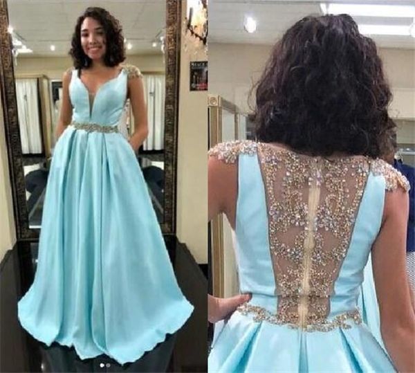 

sky blue satin long prom dresses a line crystal beading cap sleeves formal evening gowns v neck girls party dress, Black;red