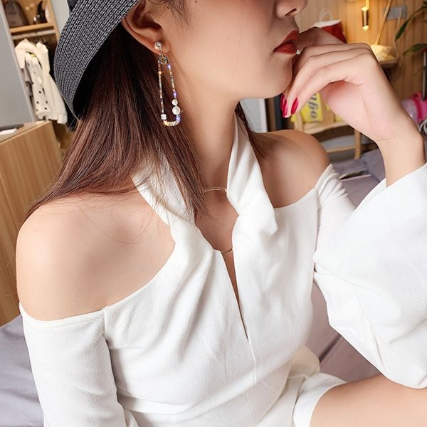 

geometric pearl drop earrings pin rhinestone draped long paragraph wild earrings jewelry, Silver