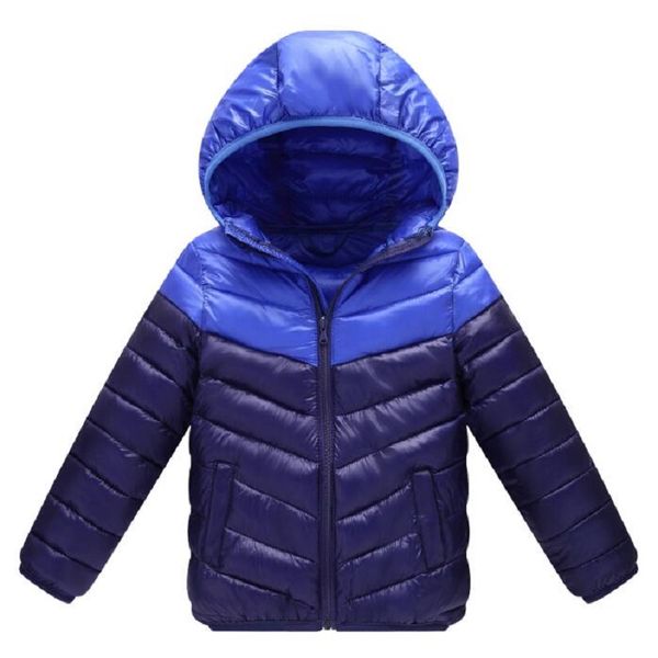 

2-10 years children's autumn winter down cotton clothing thin light boys girls children's hooded stitching color movement jacket, Blue;gray