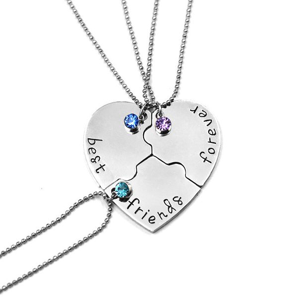 

3 pcs women's necklaces set splicing heart shape friends forever letter cz zircon rhinestones necklace set, Silver