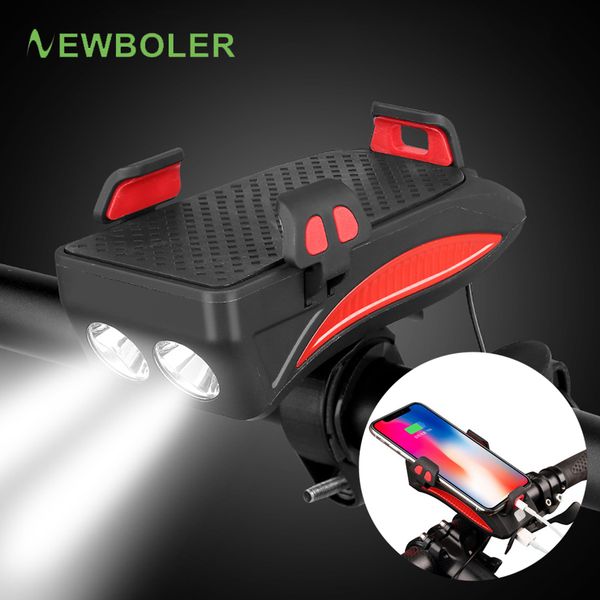 

newboler bicycle power bank light usb rechargeable phone holder bell bike headlight 4000 mah cycling horn led light