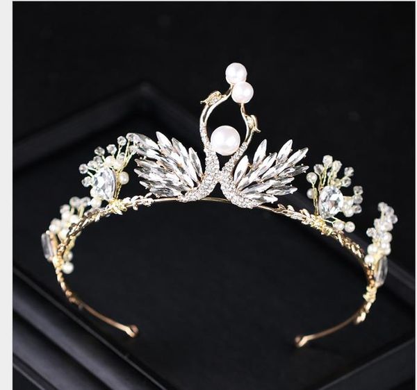 

pearl swan princess crown birthday crown headwear european and american bride jewelry, Slivery;golden