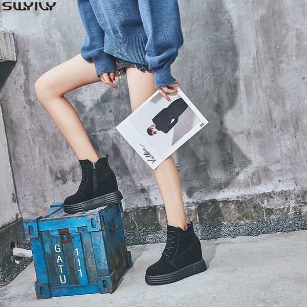 

swyivy flock women's shoes platform woman winter boots 2019 new warm ankle boots for women shoes casual zip nubuck wedge booties, Black