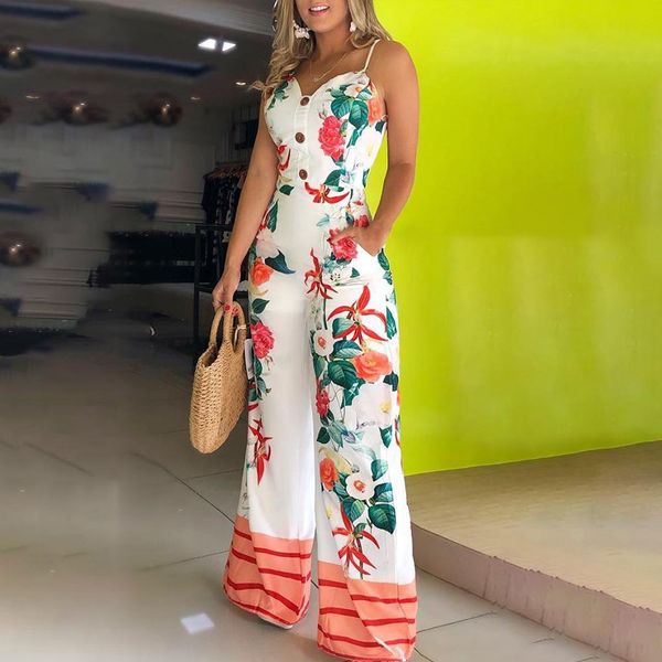 

wepbel sleeveless strap v neck loose jumpsuit floral flower high waist button new casual fashion ladies jumpsuit pants, Black;white