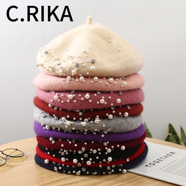 

2019 new winter women pearl diamond beret hat ladies warm baret bone fashion female girls painter hat french travel berets, Blue;gray