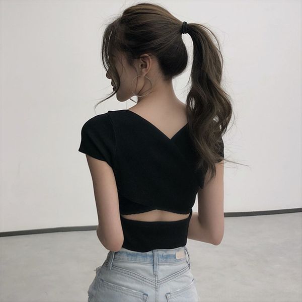 

scheming t-shirt female niche design sense slim v-neck tie elegant wind tight dew navel short small, White
