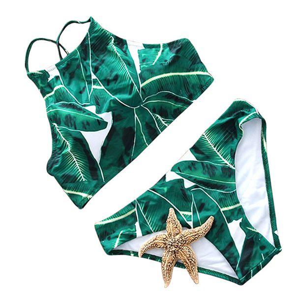 

Sexy High Neck Bikini Swimwear Women Swimsuit Brazilian Bikini Set Green Print Halter Top Beach Wear Bathing Suits