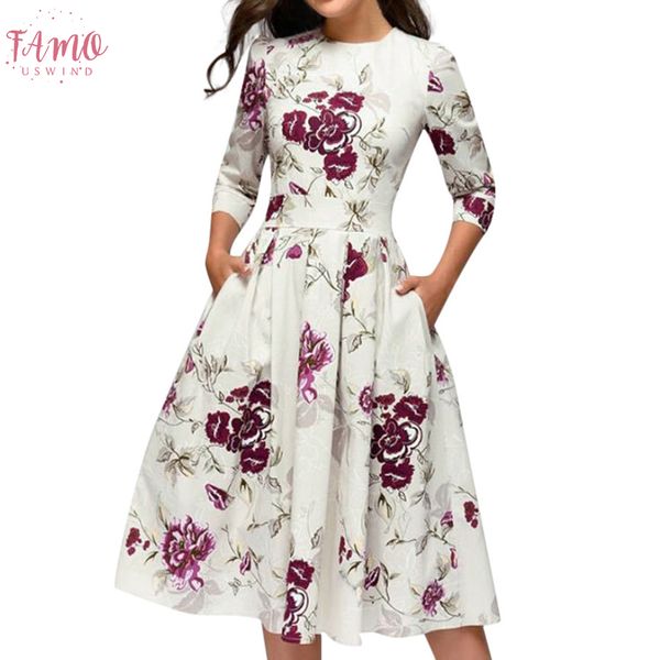 

summer party dress women elegent floral print half long sleeve midi dress vintage o neck party dresses vestidos without pocket, Black;gray