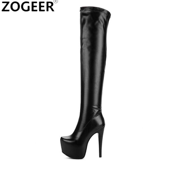 

plus size 48 extreme high heel boots women fashion fetish over the knee boots platform pu leather thigh high shoes, Black