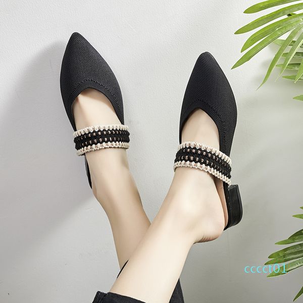 

unusual heels slippers woman pointed toe footwear slides knitted shoes female fashion mules shoes woman summer 2019 new ct01, Black
