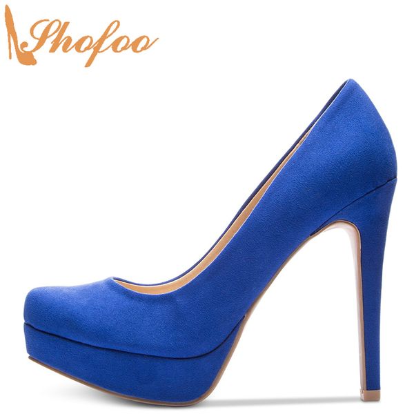 

blue high thin heels platform stiletto women pumps round toe flock large size 14 15 ladies fashion office mature shoes shofoo, Black