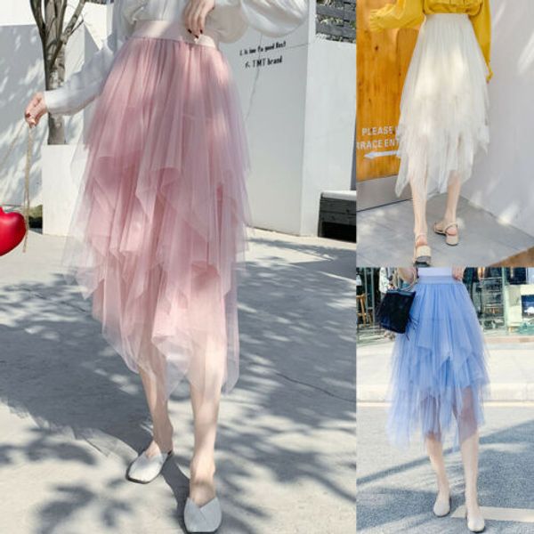 

2019 fashion tulle skirt women chiffon high waist skirt ladies elastic layers full summer new hot, Black