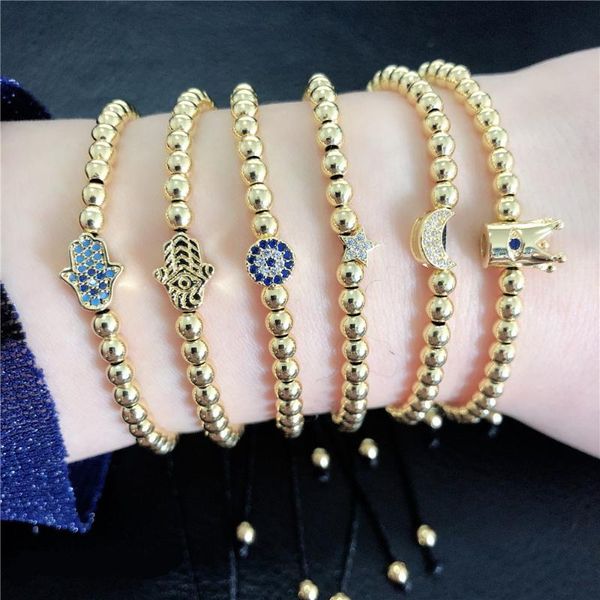 

lucky eye crown beaded bracelet evil eye crystal star moon hamsa hand charms bracelets for women men jewelry adjustable le172, Golden;silver