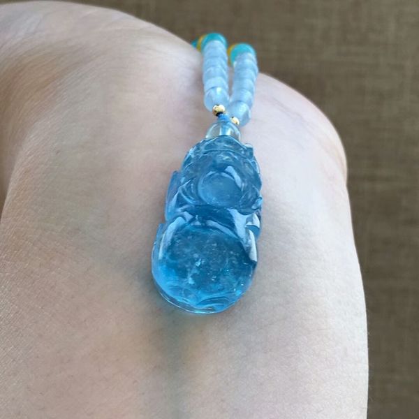 

genuine natural blue aquamarine pi xiu pendant gemstone clear crystal woman pendant necklace 25x14x12mma, Silver