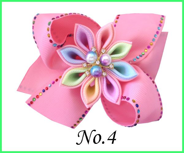 

a pair of 4.5" coral hair bow blessing girl clip rainbow rhinestone pearl flower, Slivery;white