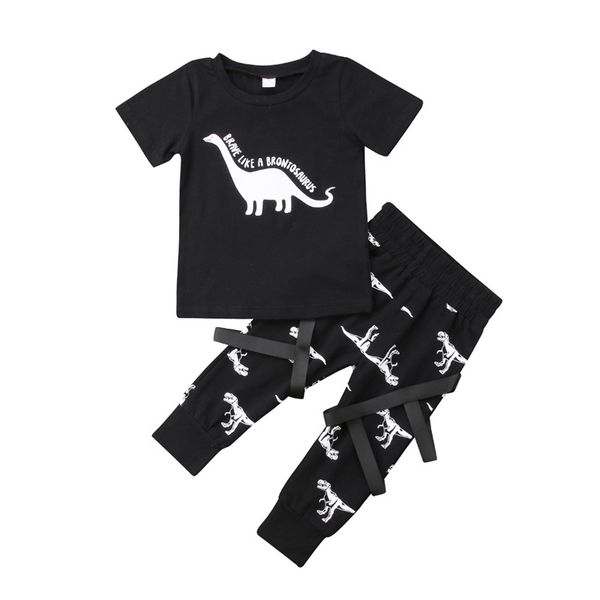 

pudcoco 0-5t малыш дети мальчик животное динозавр хлопок черные топы футболка брюки наряды мода мальчики одежда комплект одежды, White