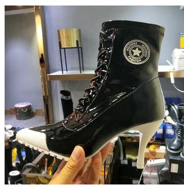 

2019 new women's shoes boots pu high heels 8cm female boots ankle lace-up thin heels shoes personality winter women, Black