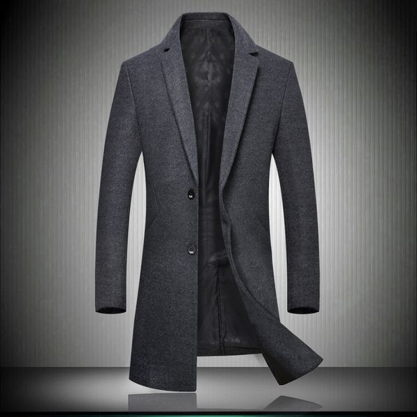 

men jacket warm winter trench coat long outwear button overcoat male casual slim windbreaker overcoat jackets coats wool blends, Black