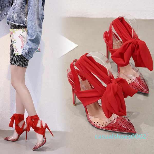 

2019 new red bow sandals europe and the united states pointed stiletto high heels female lace box c02, Black