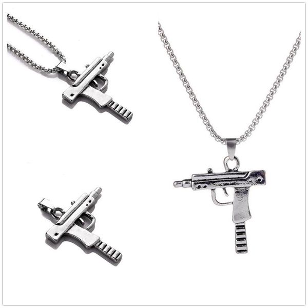 

gothic retro stainless steel uzi submachine gun pendant necklaces charm gun pendant for women men gift jewelry+chain, Silver