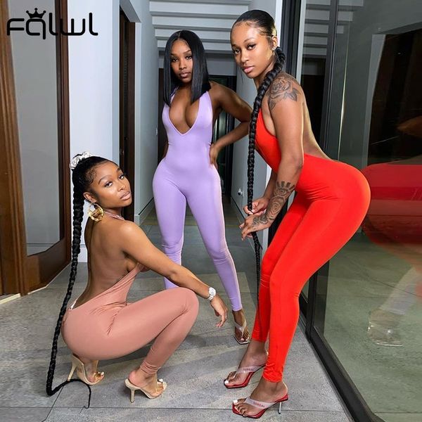 

fqlwl deep v neck halter one piece bodycon summer jumpsuit women solid backless romper women lucky label jumpsuit female, Black;white