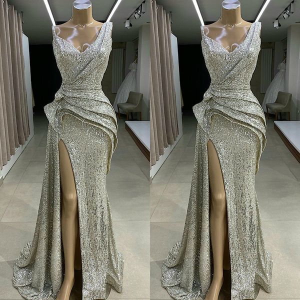 

sparkly 2020 silver sequined русалки пром платье v шея сбоку сплит вечерних платьев поезд стреловидности дешевых платья партии платье де фие, Black