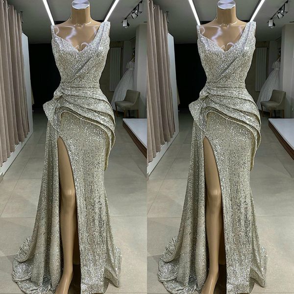 Sparkly 2020 Silber Pailletten Meerjungfrau Prom Kleider V-ausschnitt Side Split Abendkleider Sweep Zug Günstige Party Kleid Vestido de fiesta