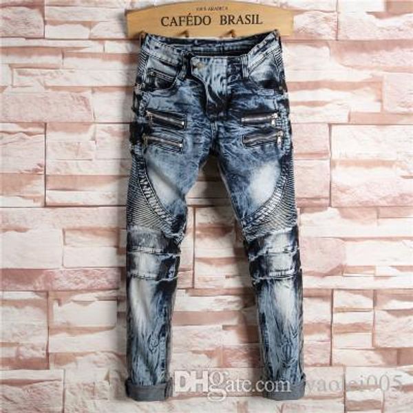 

new mens trend hole jeans trend stickers yin and yang 2 color slim non-elastic small straight trousers, Blue