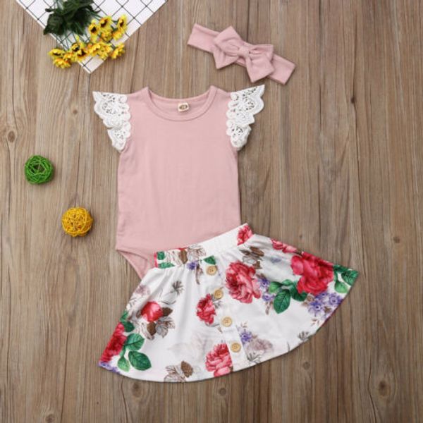 

2019 baby girl summer clothing set lace romper floral skirt dress headband outfits for kid clothes children newborn infant, Pink;blue