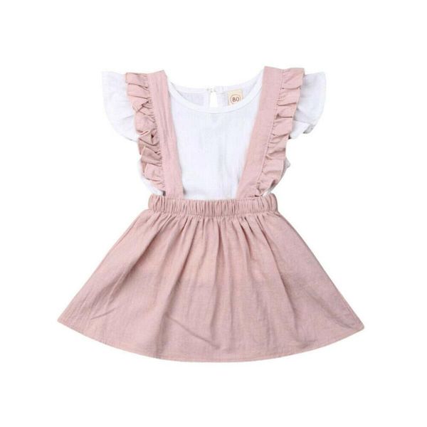 

summer toddler baby girl clothes sets white sleeve pink ruffle sling overall dress sunsuit outfits