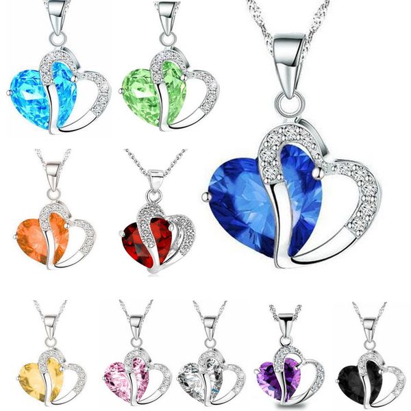 

10 colors Luxury Austrian Crystal Necklaces Women Rhinestone Heart shaped Pendant Silver Chains Choker For Ladies Fashion Jewelry Gift Bulk