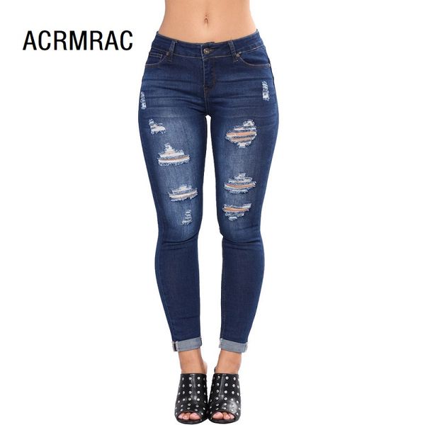 

women denim blue slim hole mid waist summer pencil pants skinny jeans woman