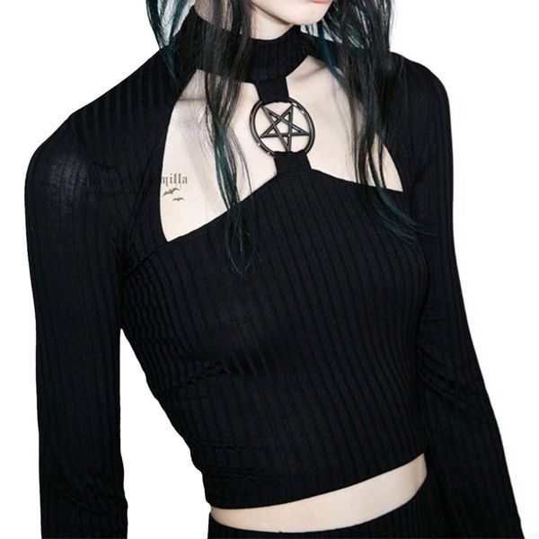

women clothes women designer shirts short slim black hollow pentagram autumn streetwear hipster fashion club navel t girl, White