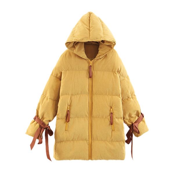 

bow ribbon hooded cotton jacket loose warm womens cotton jacket, Black