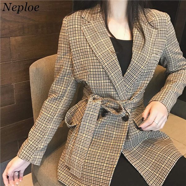 

neploe vintage plaid blazers lace-up waist-controlled jacket woman causal coat long sleeve notched medium-long coat 37665, White;black