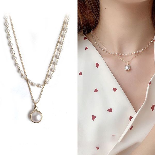 

korean fashion double-layer pearl young personality simple necklace, Silver
