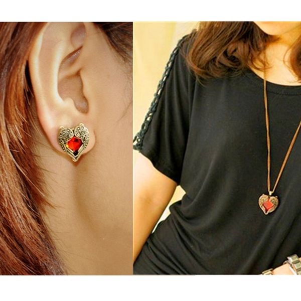 

vintage love heart jewelry set eqxuisite red crystal pendant necklace and earrings women's jewelry set for wedding party, Silver