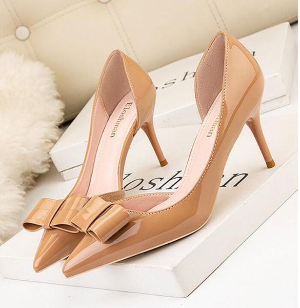 

summer edition of the new korean version of fashion with thin heel high patent leather pointy hollow thin bowknot high heels shoes, Black