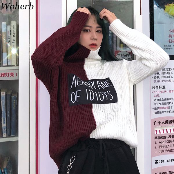 

woherb 2019 harajuku sweater women turtleneck pullover letter print korean color patchwork knitted sweaters female jumper, White;black