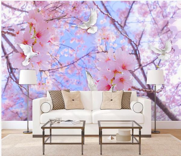 Papel de parede 3d bela flor de cerejeira romântico pomba céu paisagem fundo pintura de parede papel de parede 3d mural para sala de estar