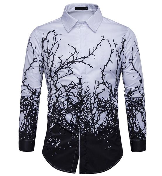 

branch shirt men turn down collar single breasted long sleeve printing branch pattern contrast color casual men shirt c283, White;black