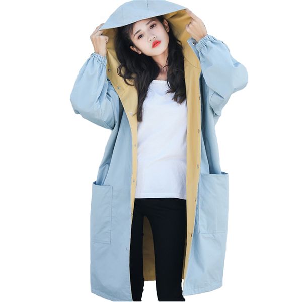 

wear on both sides trench coat women 2019 printed hooded windbreaker female plus size loose students long coat casual h772, Tan;black