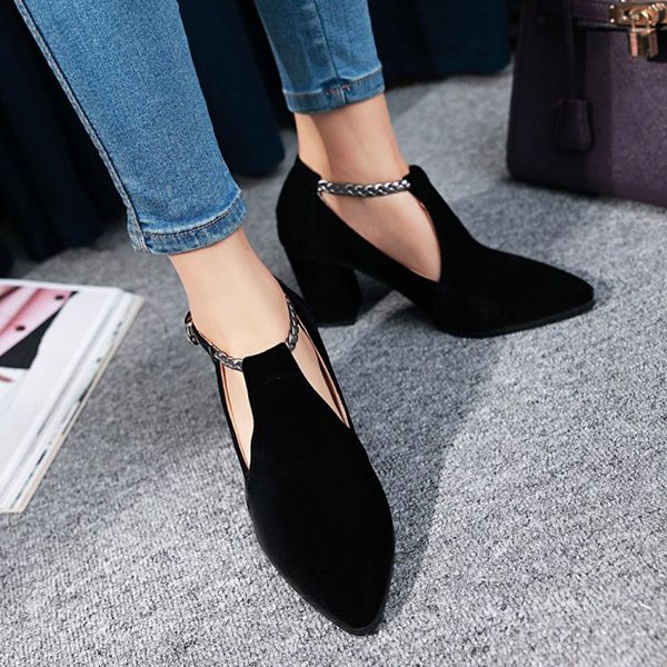 

women's high heel ankle boots autumn fashion flock pointed single shoes belt buckle breathable short boots botas mujer invierno, Black