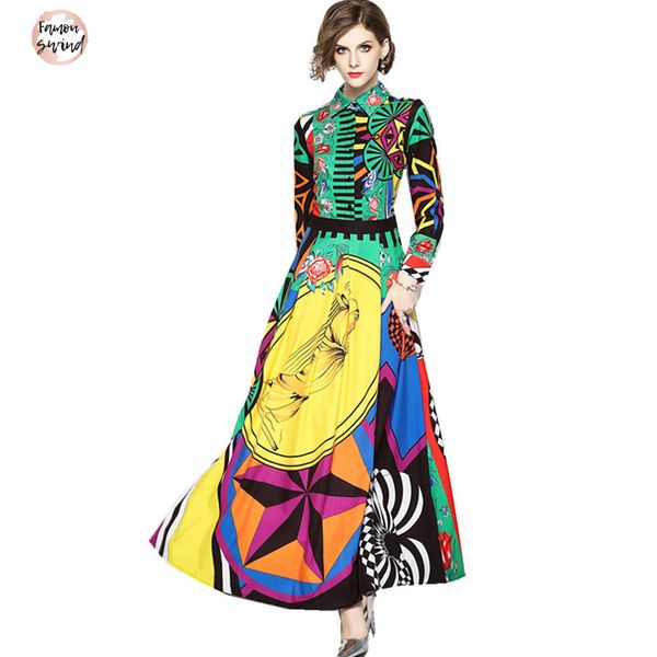 

новый maxi платье hit designer runway с длинным рукавом женщин turn down воротник 2019 цвет розы цветочные печать урожай длинное платье, Black;gray