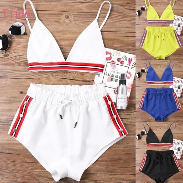 

swimwear women 2020 sport short three piece swimsuit female thong bathing suit button bikini set push up swimwear women, White;black