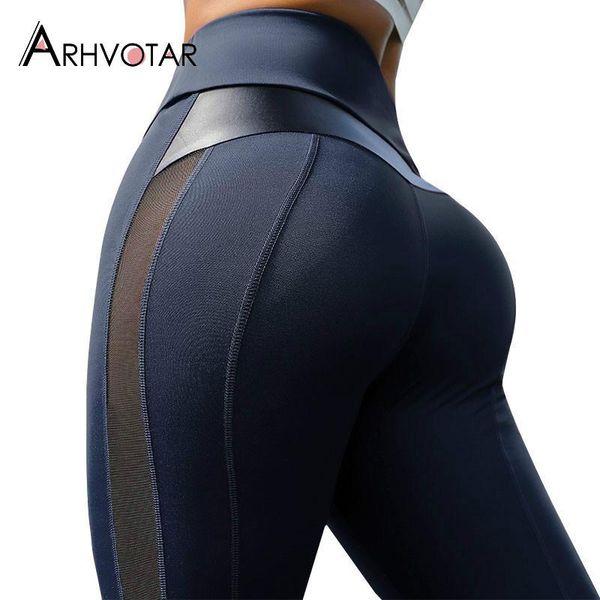 

athvotar s- leggings fitness women high waist workout legins mujer mesh and pu leather patchwork joggings, Black